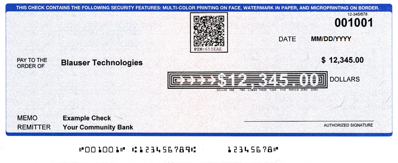 Example check showing location of QR code